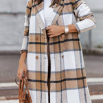 Women's Mid Length Double Breasted Plaid Print Woolen Coat