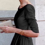 A-Line Loose Pleated Pockets Solid Color Split-Joint Round-Neck Midi Dresses