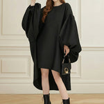 Batwing Sleeves High-Low Pleated Solid Color Split-Joint Round-Neck Midi Dresses