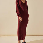 Nadorine Women's Casual Solid Color Knitted Dress V-neck Sweater Dress
