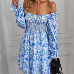 Ribbed Long Sleeve Chiffon Dress Crewneck Elegant Batwing Bohemian Floral Printed Dress
