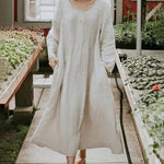 Round Neck Ruched Pocket Solid Long Sleeve Dress