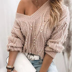 Sexy Twist V-neck Beads Long-sleeved Knit Sweater