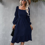 Solid Square Neck Bishop Sleeve Flounce Hem Dress