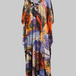 Batwing Sleeves Loose Gauze Printed Split-Joint V-Neck Maxi Dresses
