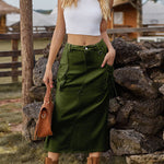 Nadorine Women's Casual High Waist Denim Midi Skirt Drawstring Adjustable Long Jeans Skirt with Pockets