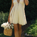 V-neck front and back drawstring large swing skirt irregular dress