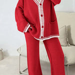 Fashion Casual Knitted Long Sleeve Pocket Cardigan and Elastic Waist Loose Wide Leg Pants Set