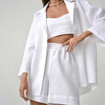 Nadorine Cotton Two-Piece Set Loose Fit Long-Sleeved Button Shirt Casual Shorts Suits