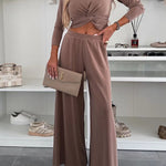 Solid Color Round Neck Long Sleeve Twist Crop Top and Elastic Waist Pocket Wide Leg Pants Set