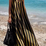 Striped Print V-Neck Loose Beach Vacation Maxi Dress