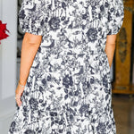 Black Floral Print Bow Detail Puff Sleeve Plus Size Midi Dress