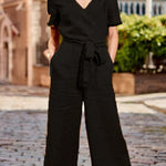 SHORT SLEEVE SOLID COLOR LACE-UP V NECK SOFT ROMPER JUMPSUIT