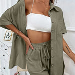Two-Piece Set Short Sleeve Button Down Shirt Tops Sweat Shorts Summer Lounge Sets