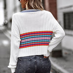 Striped Contrast V-Neck Dropped Shoulder Sweater