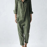 Nadorine Women's Casual Lapel Pocket Long Sleeve Solid Color Cotton Jumpsuit