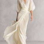 Women's Ivory Sheer Chiffon Dress With Puff Sleeves & Wrap Detail, Timeless Romantic-Luxe Style Dress