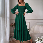 Solid Color Long Sleeve Dress Square Neck Lotus Leaf Maxi Dress