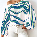 Long Sleeves Loose Asymmetric Striped One-Shoulder Blouses&Shirts Tops