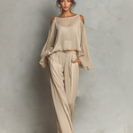 Women's Beige Chiffon Cold-Shoulder Blouse With Flared Sleeves & Wide-Leg Pants Set