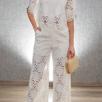 Eliose Scallop Cutout Embroidery Lace Elastic Waist Pocket Loose Pants