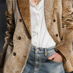 Retro And Fashionable Leopard Print Color-block Collar Velvet Blazer