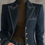 Fashion Retro Topstitched Navy Blue Denim Jacket
