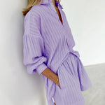 Long Sleeve Striped Shirt Shorts Two Piece Set Shirts Mini Shorts Suit