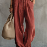 Retro Short-sleeved Knit Top And Brick Red Cotton Linen Wide-leg Pants Set