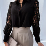 Nadorine Elegant Lace V-NeckShirt Solid Color Hollow Out Long Sleeve Patchwork Blouse