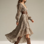 Women's Beige - Plaid Bohemian Chiffon Ruffled Midi Dress