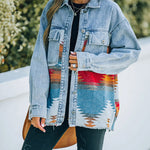 Nadorine Aztec Lapel Long Sleeve Retro Western Denim Jacket