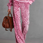 Casual Sporty Retro Pink Velvet Leopard Print Sweatshirt And Wide-Leg Pants Set