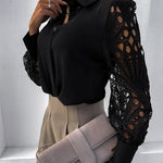 Nadorine Elegant Lace V-NeckShirt Solid Color Hollow Out Long Sleeve Patchwork Blouse