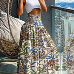 Vintage Floral Print High Waist Shirred Elastic Waist Wide Leg Pants