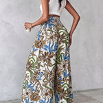 Vintage Floral Print High Waist Shirred Elastic Waist Wide Leg Pants