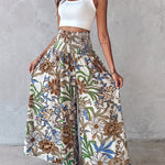 Vintage Floral Print High Waist Shirred Elastic Waist Wide Leg Pants