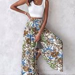 Vintage Floral Print High Waist Shirred Elastic Waist Wide Leg Pants