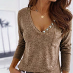 Women's V-Neck Button Decor Knit Top Long Sleeve Slimming Tee with Chest Pocket Casual Soft Pullover