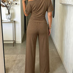 Women's Skew Neck 2 Piece Outfits Ruched Tie Waist Short Sleeve Top and High Waisted Wide Leg Pants Lounge Set