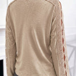 Women's Lace Patchwork V-Neck Top Hollow Out Drop Shoulder Long Sleeve Knit Pullover Elegant Loose Fit Casual Tee