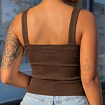 Women's Ribbed Knit Tank Top Square Neck Slim Fit Cami Top Adjustable Eyelet Strap Backless Top