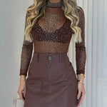 Women's Rhinestone Mock Neck Mesh Top Sexy Sheer Long Sleeve See Through Tee Sparkly Party Nightclub Top