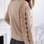 Women's Lace Patchwork V-Neck Top Hollow Out Drop Shoulder Long Sleeve Knit Pullover Elegant Loose Fit Casual Tee