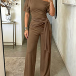 Women's Skew Neck 2 Piece Outfits Ruched Tie Waist Short Sleeve Top and High Waisted Wide Leg Pants Lounge Set