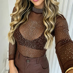 Women's Rhinestone Mock Neck Mesh Top Sexy Sheer Long Sleeve See Through Tee Sparkly Party Nightclub Top