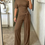 Women's Skew Neck 2 Piece Outfits Ruched Tie Waist Short Sleeve Top and High Waisted Wide Leg Pants Lounge Set