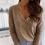 Women's V-Neck Button Decor Knit Top Long Sleeve Slimming Tee with Chest Pocket Casual Soft Pullover