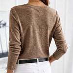 Women's V-Neck Button Decor Knit Top Long Sleeve Slimming Tee with Chest Pocket Casual Soft Pullover