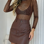 Women's Rhinestone Mock Neck Mesh Top Sexy Sheer Long Sleeve See Through Tee Sparkly Party Nightclub Top